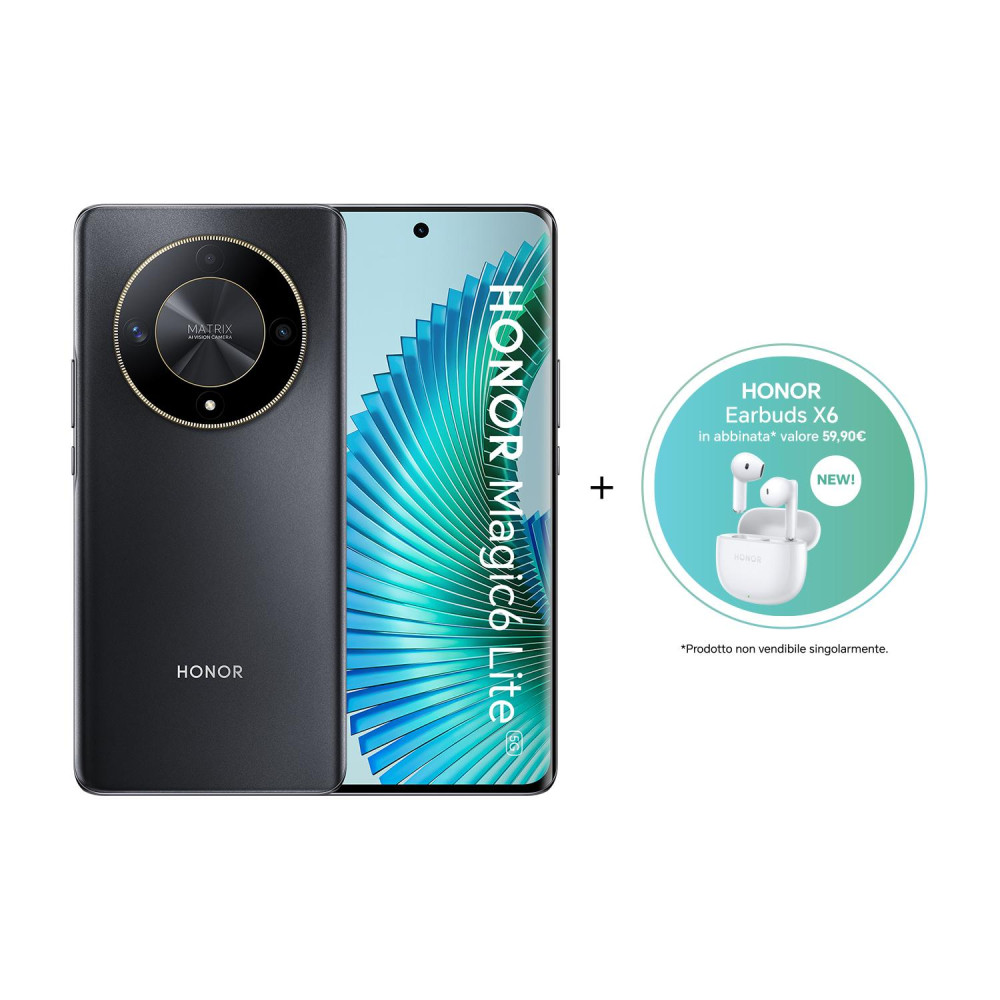 Honor Magic6 Lite 5G + Earbuds X6 17,2 cm (6.78") Doppia SIM Android 13 USB tipo-C 8 GB 512 GB 5300 mAh Nero Honor Magic6 Lite 5G + Earbuds X6 17,2 cm (6.78") Doppia SIM Android 13 USB tipo-C 8 GB 512 GB 5300 mAh Nero