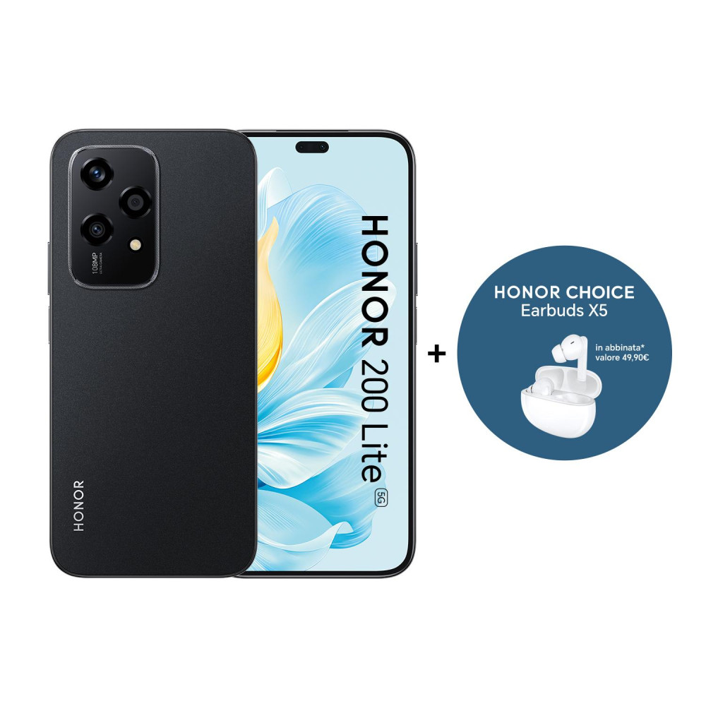 Honor N Series 200 Lite 5G + Earbuds X5 17 cm (6.7") Doppia SIM Android 14 USB tipo-C 8 GB 256 GB 4500 mAh Nero Honor N Series 200 Lite 5G + Earbuds X5 17 cm (6.7") Doppia SIM Android 14 USB tipo-C 8 GB 256 GB 4500 mAh Nero
